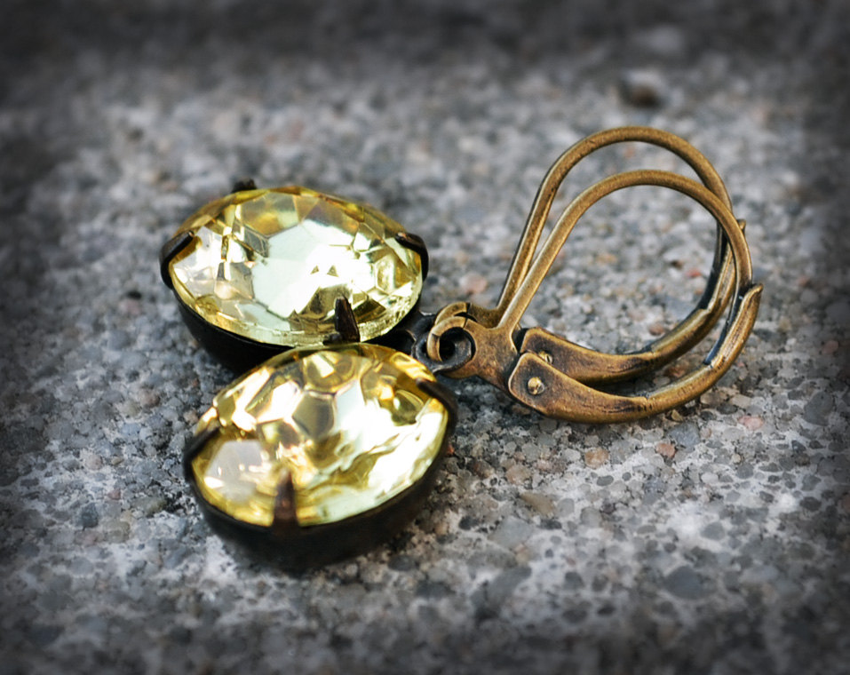 Wedding Earrings Yellow Earrings Vintage Czech Glass Rhinestone Earrings Jewel Earrings Faux Gem Earrings Bright Sparkle Spring