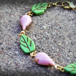 Vintage Glass Rhinestone Bracelet Rosey Light Pink Teardrop Pear Turquoise Green Leaf Raw Brass Gold Plated Gypsy Bracelet