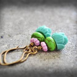 Lotus Flower Earrings Teal Seafoam Green Purple Dyed Turquoise Stone Antiqued Brass Dangle Bohemian Gypsy