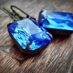 Sapphire Earrings Blue Earrings Vintage Glass Rhinestone Earrings Mad Men Fashion Statement Earrings Aged Brass September Birthstone